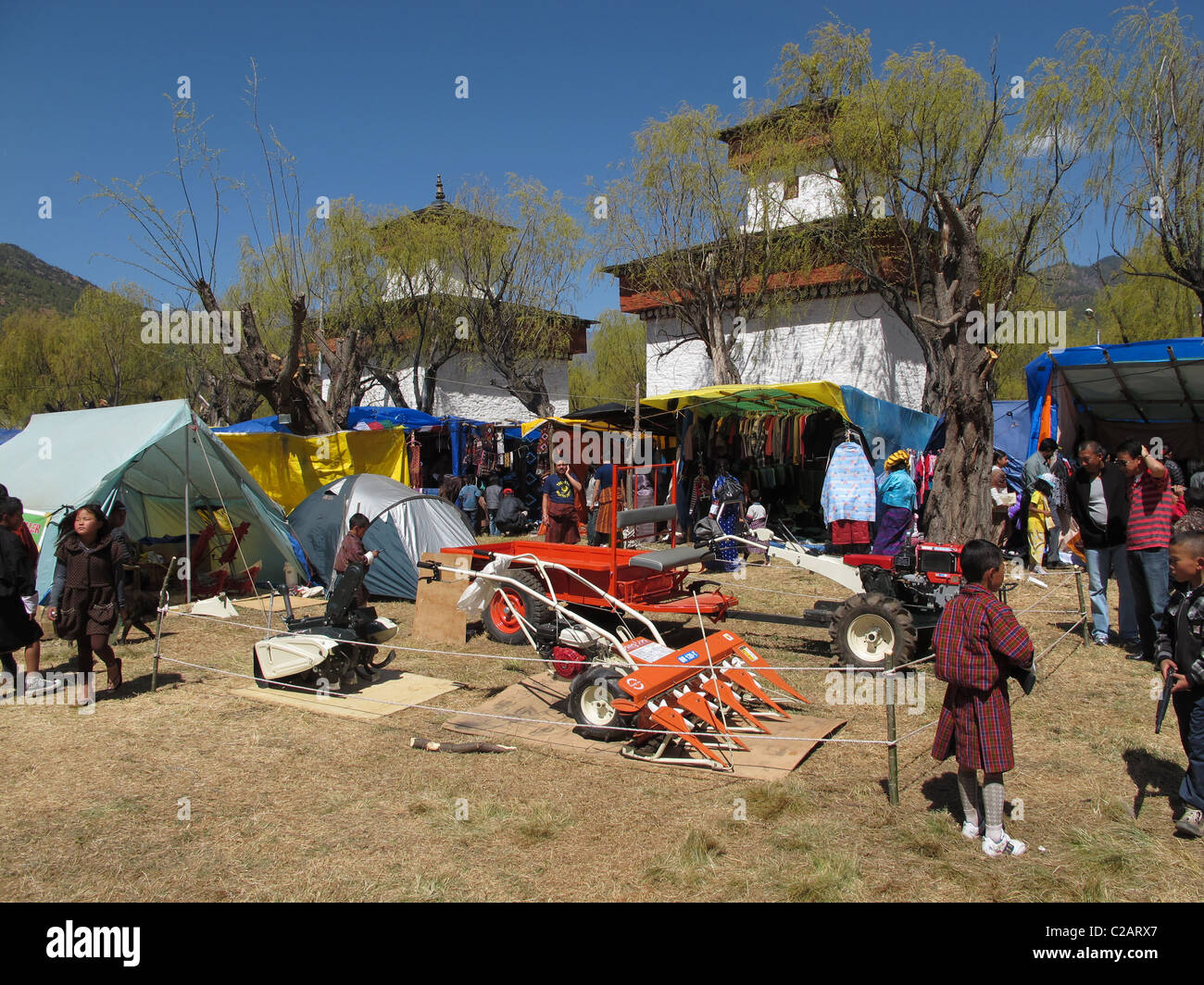 Trade fair with agricultural equipment at the market during the Paro festival, Paro, Bhutan Stock Photo