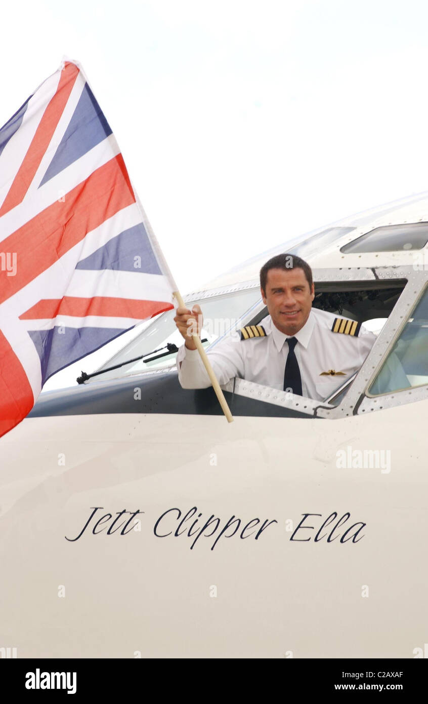 John Travolta on his Spirit of Friendship World Tour, on board his Boeing 707 ' Jet Clipper Ella ' Heathrow Airport London, Stock Photo