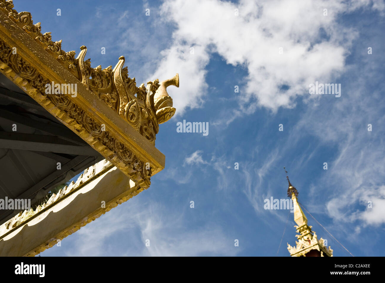 Yangon, Myanmar, eaves and spire of pagodas, cropped Stock Photo