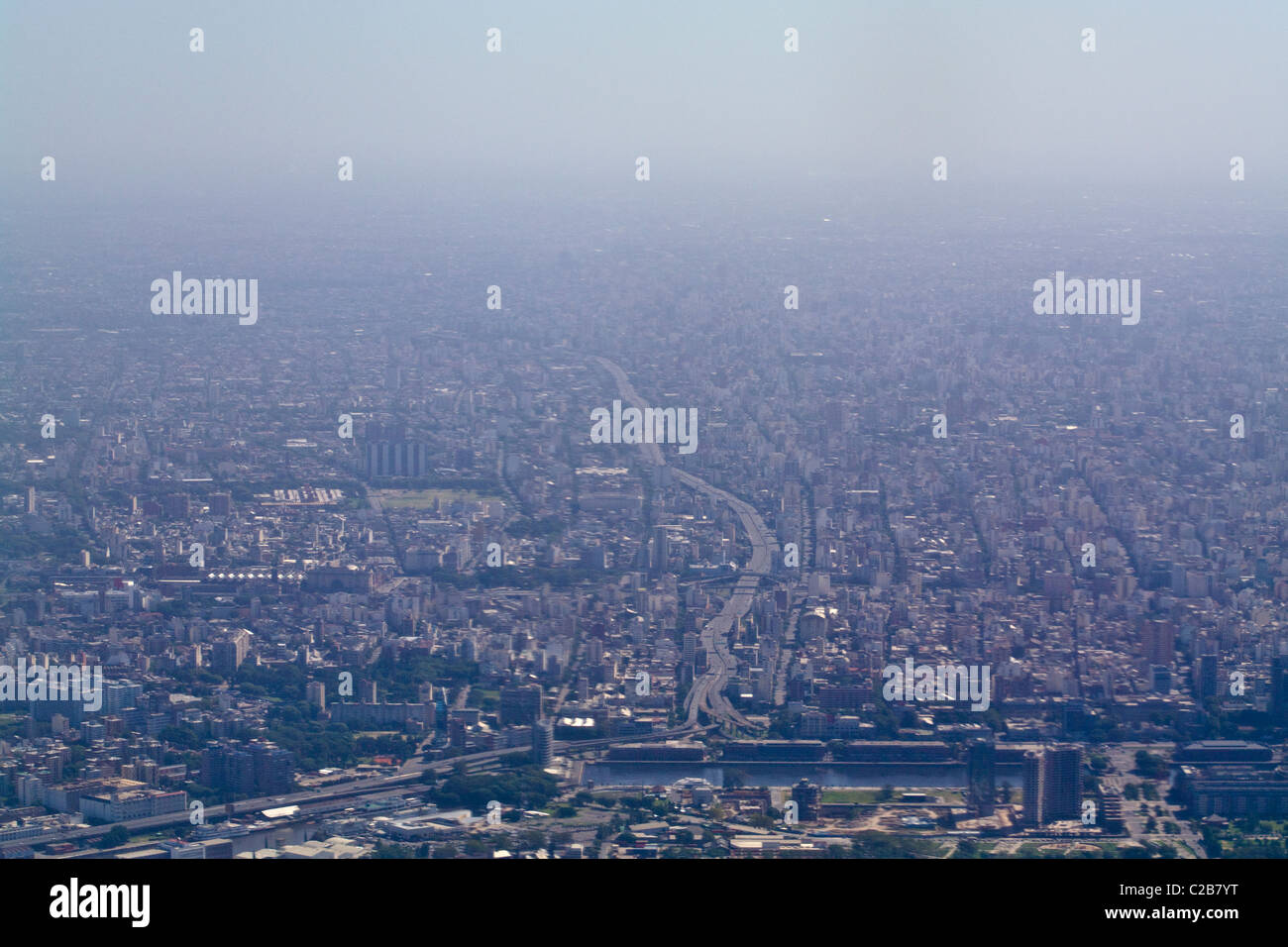 Pollutions and smog shroud the sprawling city skyline of Buenos Aires. Stock Photo