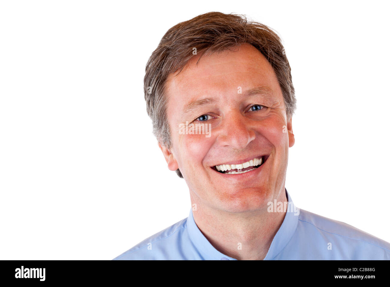 attractive, healthy, vital, aged man smiles happy at camera. Isolated on white background.  Stock Photo