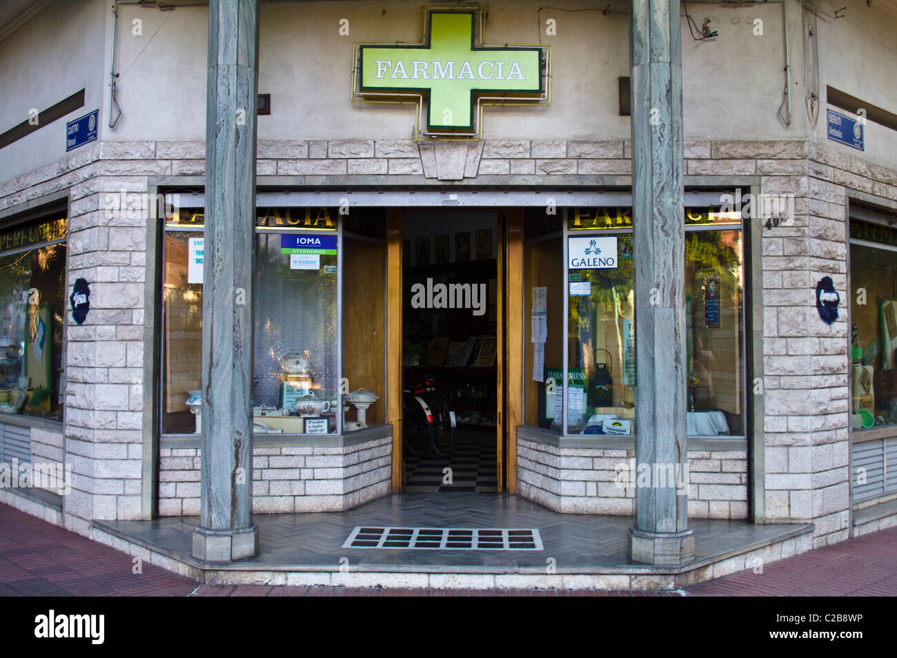 A European-styled pharmacy entrance in a wealthy Buenos Aires suburb. Stock Photo