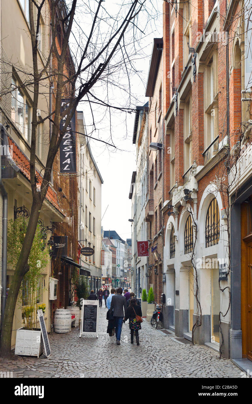 Narrow cobbled street (Wijngaardstraat) in the old city, Antwerp, Belgium Stock Photo