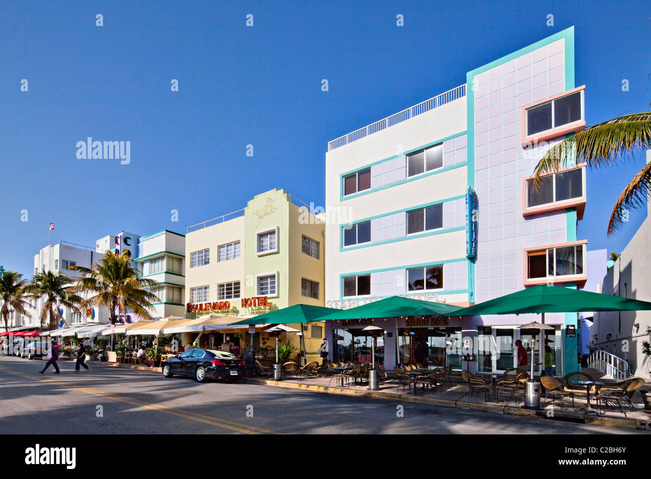 Ocean Drive Hotels, South Beach, Miami Stock Photo