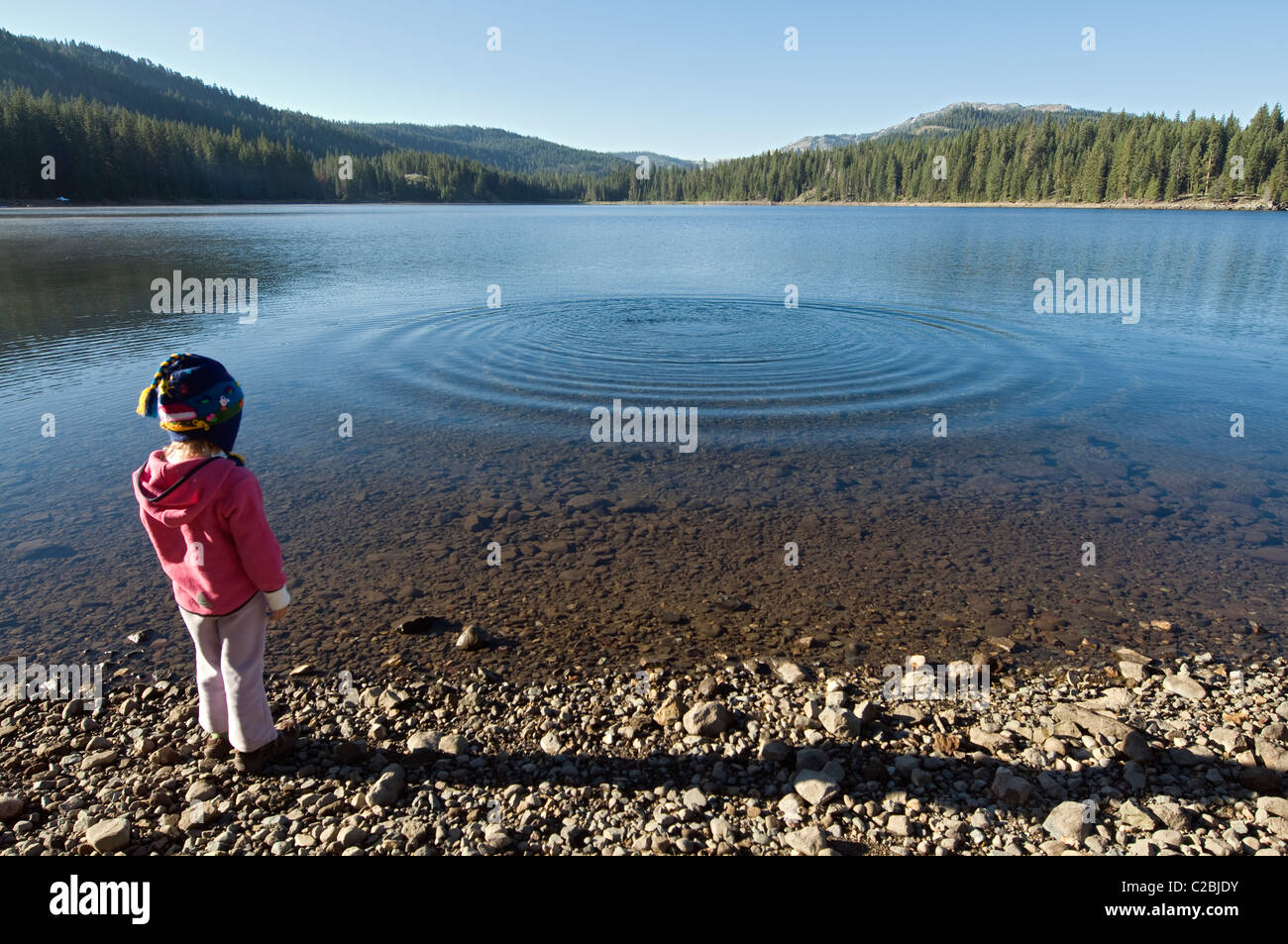 A little girl throwing rocks into Jackson Meadow Reservoir. Stock Photo