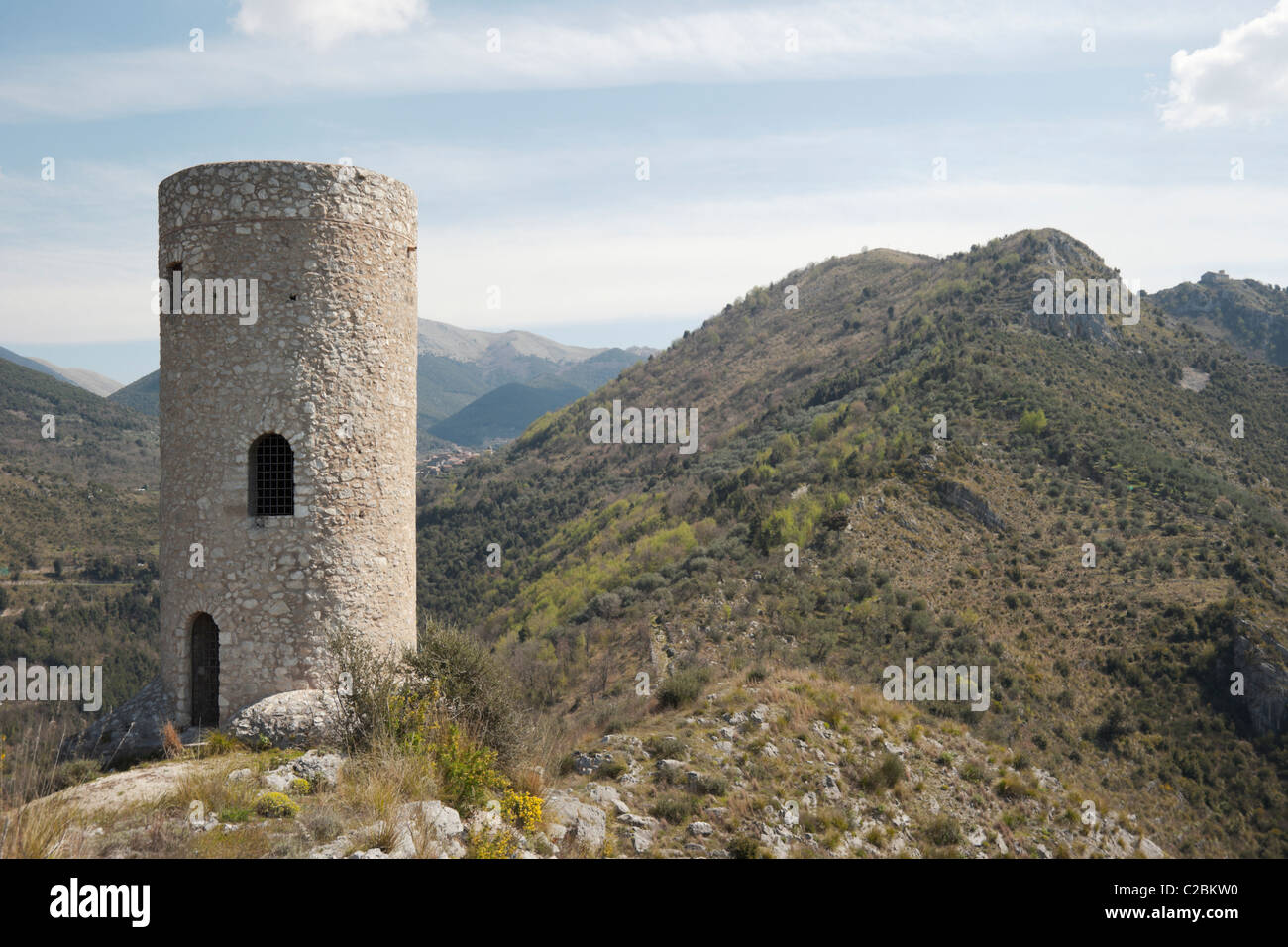 St Thomas Aquinas (Tommaso d'Aquino) restored tower, part of family castle ruins in Roccasecca. Stock Photo