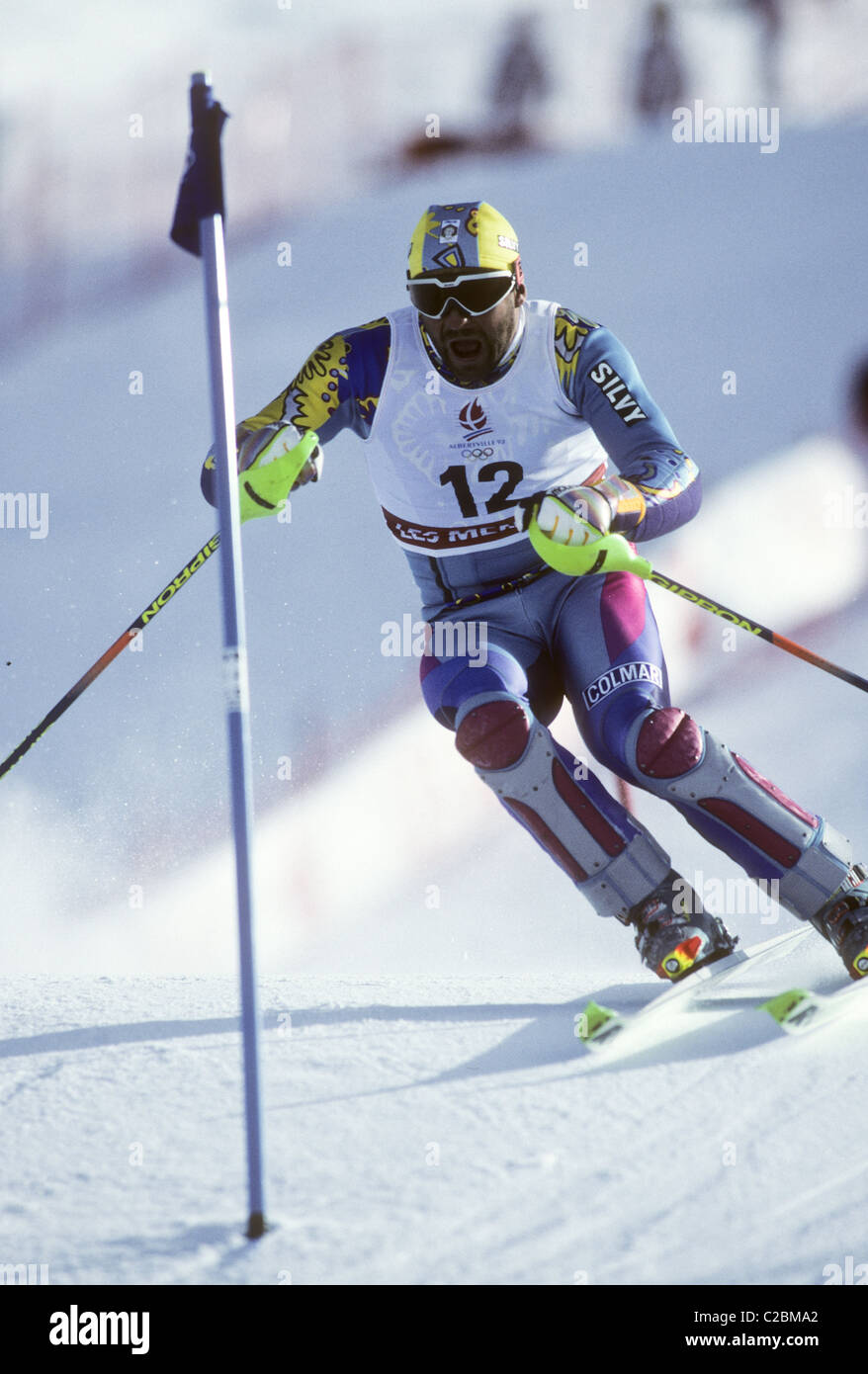 Alberto Tomba (ITA) silver medalist competing in the Slalom at the 1992 Olympic Winter Games, Albertville, France Stock Photo