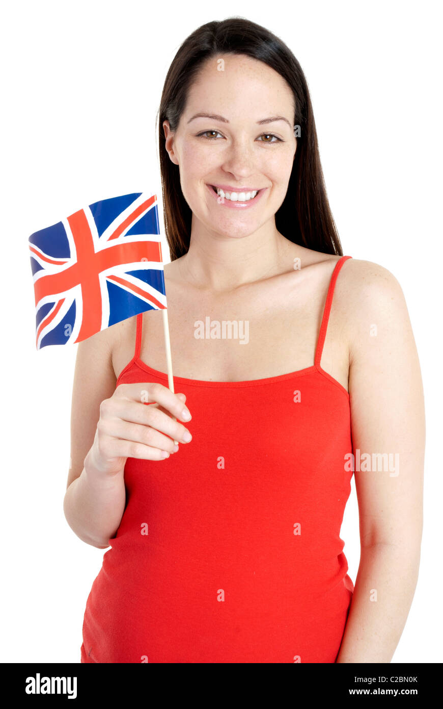 Happy woman waving union jack flag Stock Photo Alamy