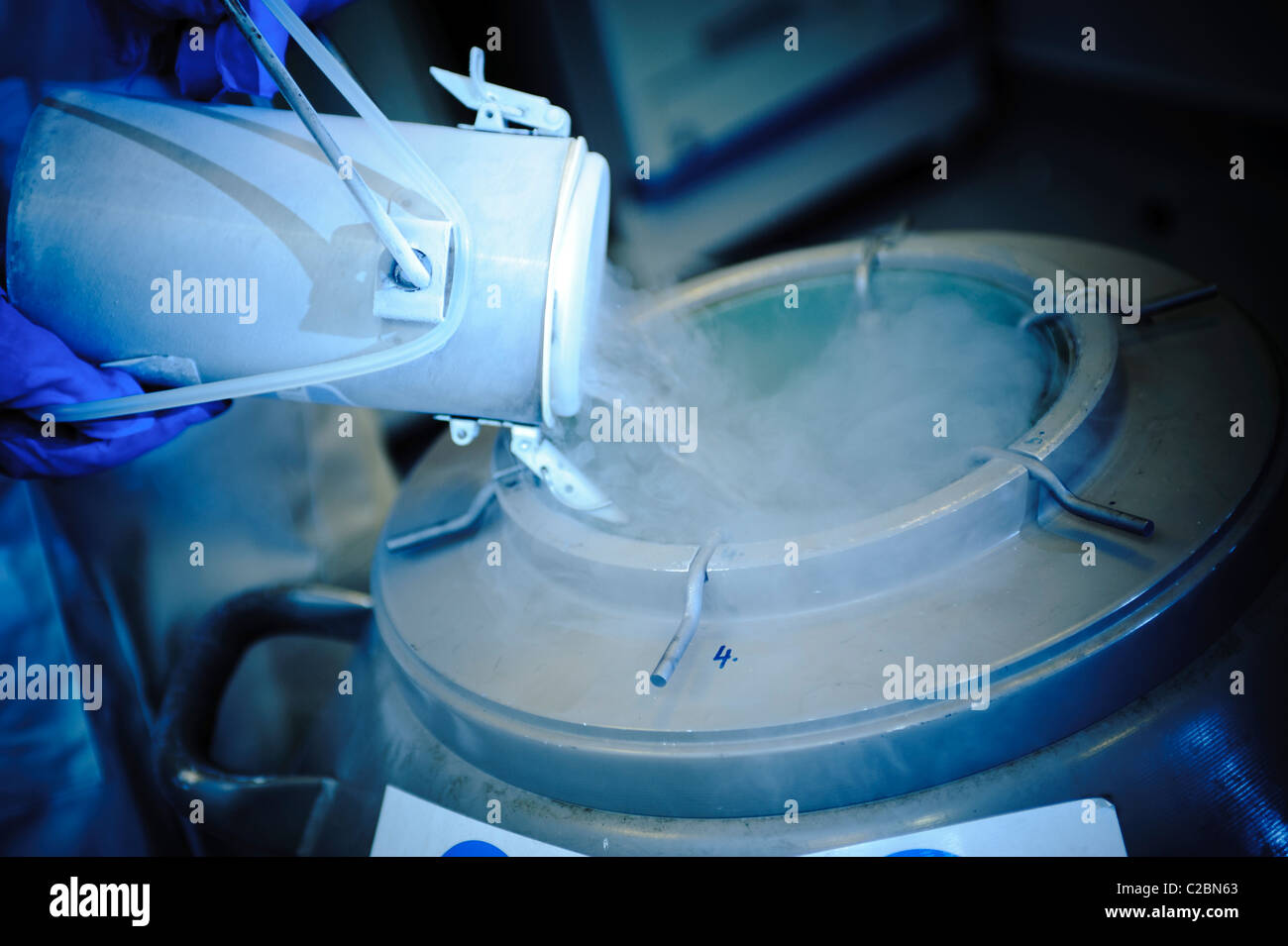 liquid nitrogen being poured from small container into large container blue Stock Photo
