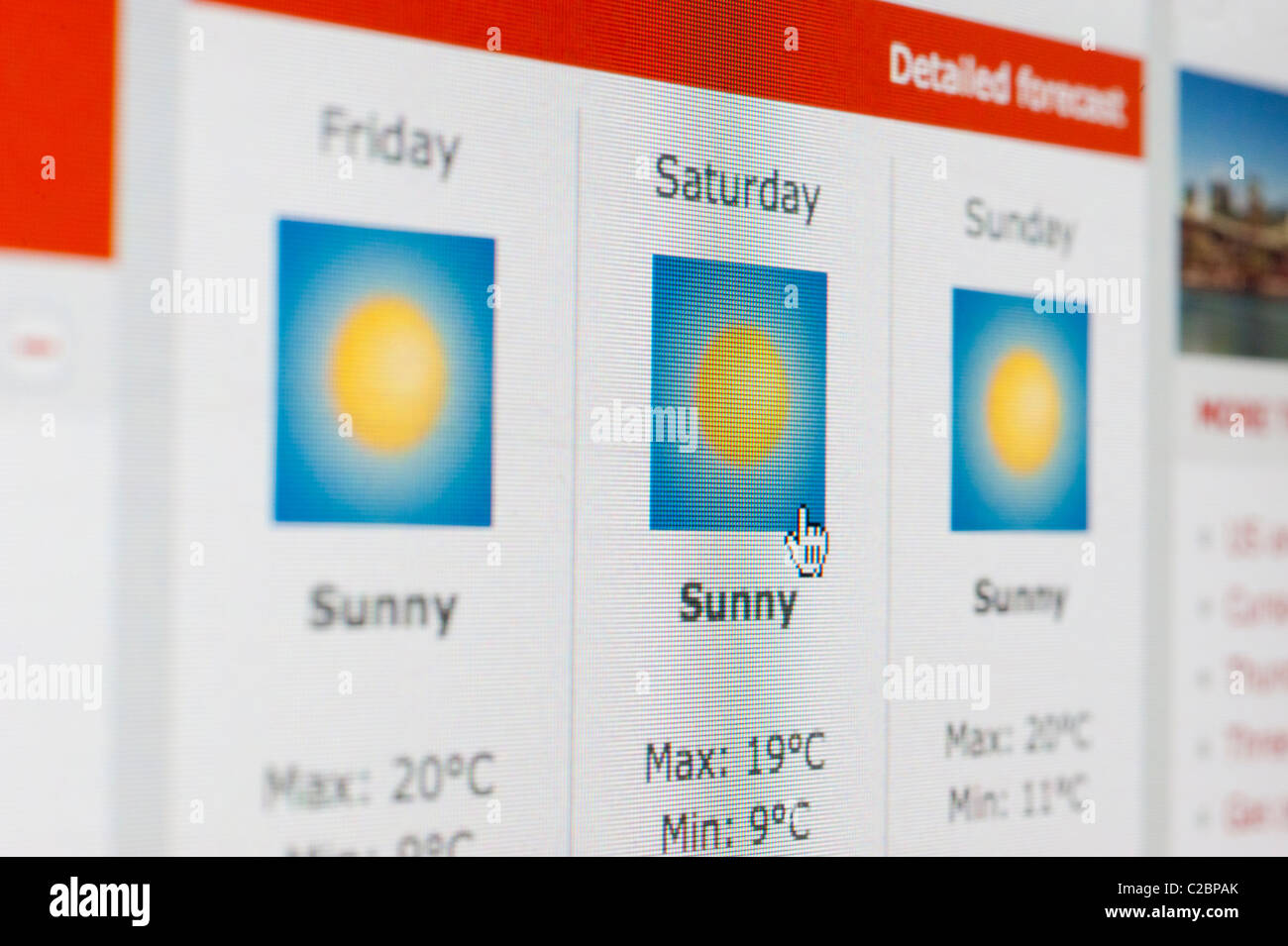 Weather forecast on the BBC website for a sunny weekend. Stock Photo