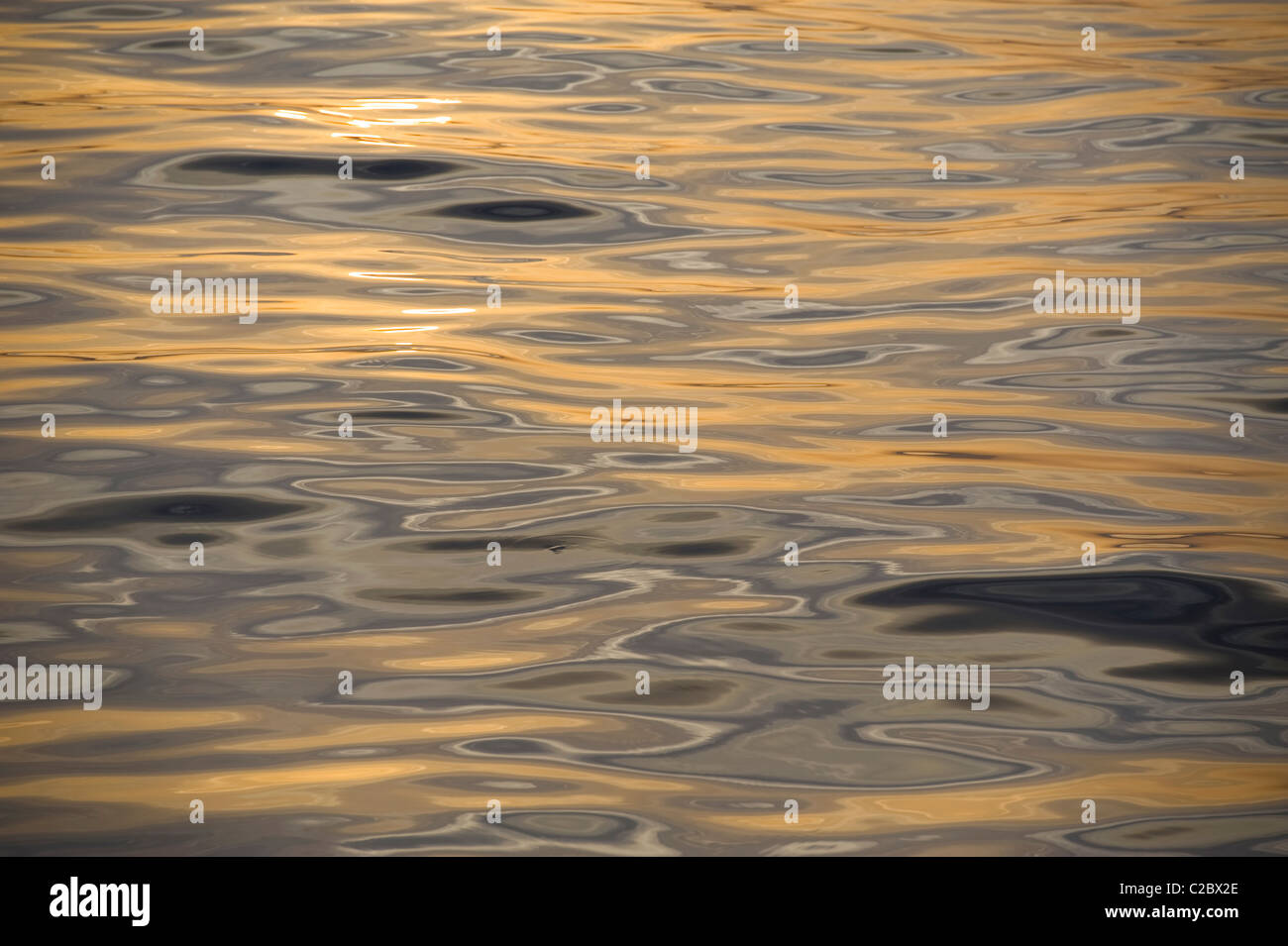Golden light of sunset reflecting off the water surface to create a ...