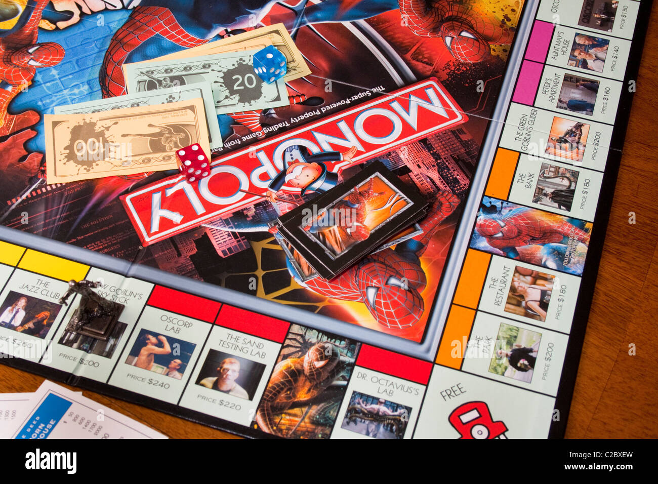 Spiderman Monopoly board game in progress. St Paul Minnesota MN USA