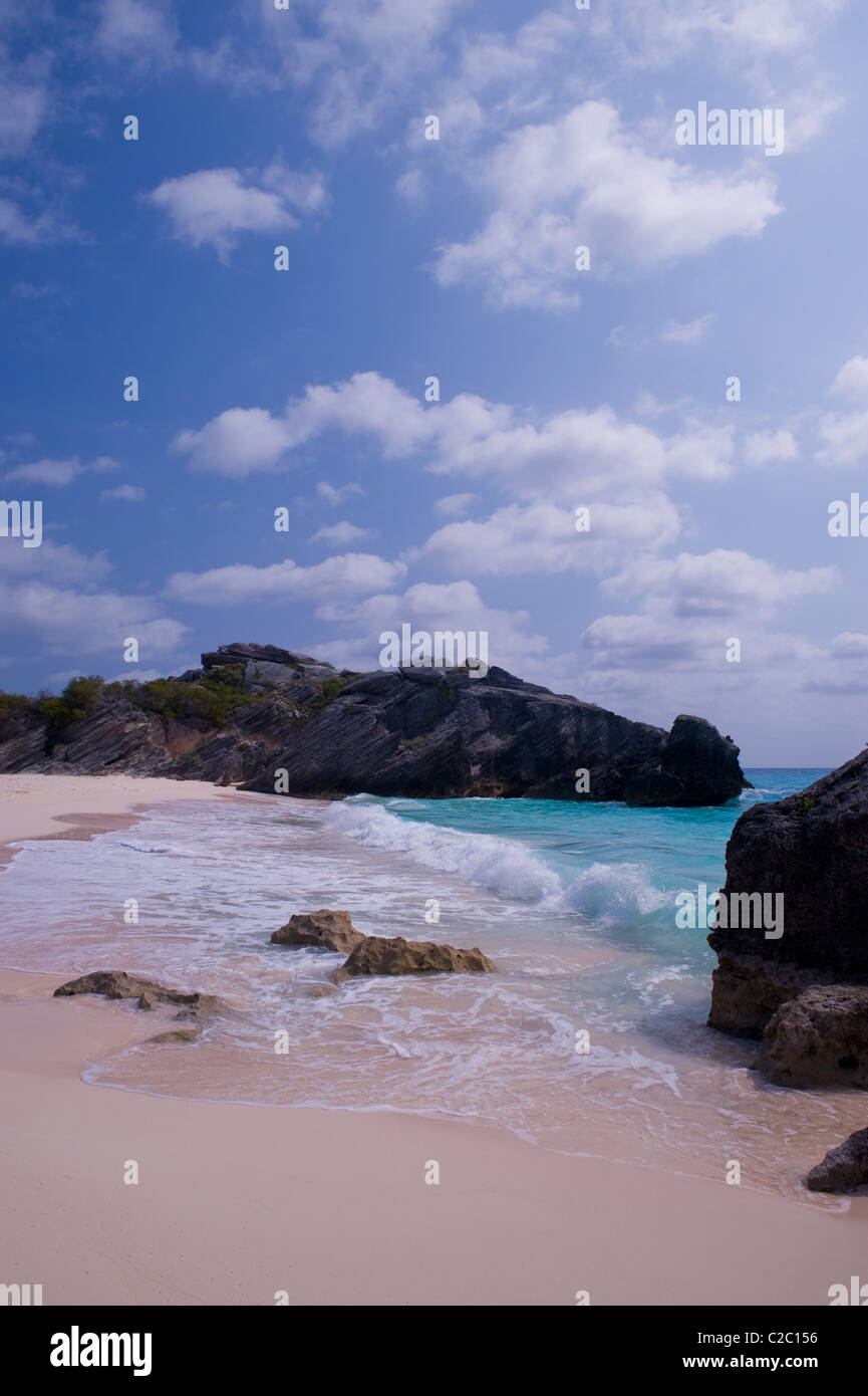 Pink sand beach and rocky outcroppings, South Coast, Warwick Parish, Bermuda. Stock Photo