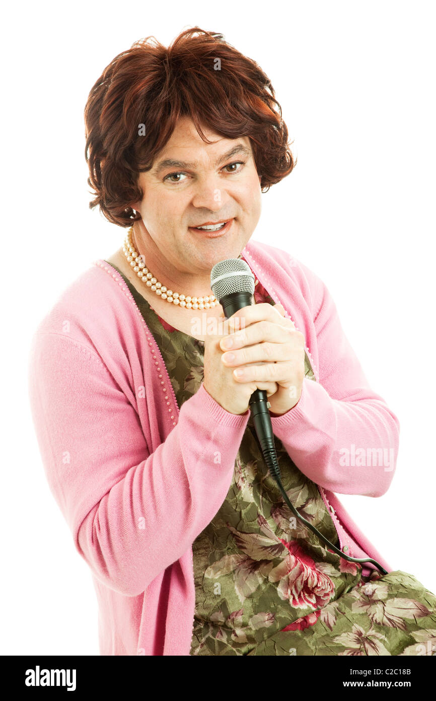 Female impersonator dressed as an unattractive middleaged singer