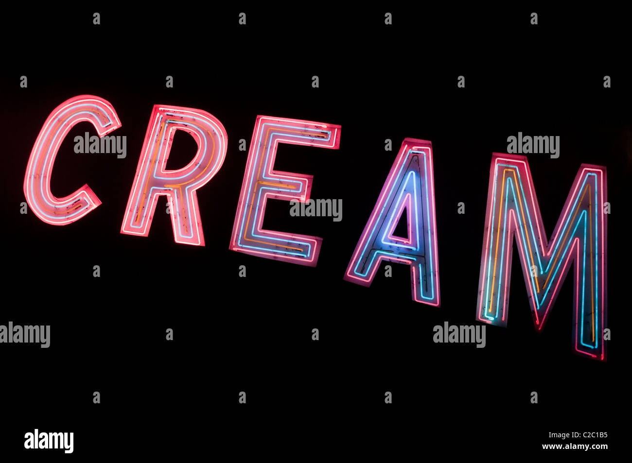 A neon sign at the famous South Of The Border rest stop in South Carolina, USA. The sign shows the word CREAM from 'ICE CREAM'. Stock Photo