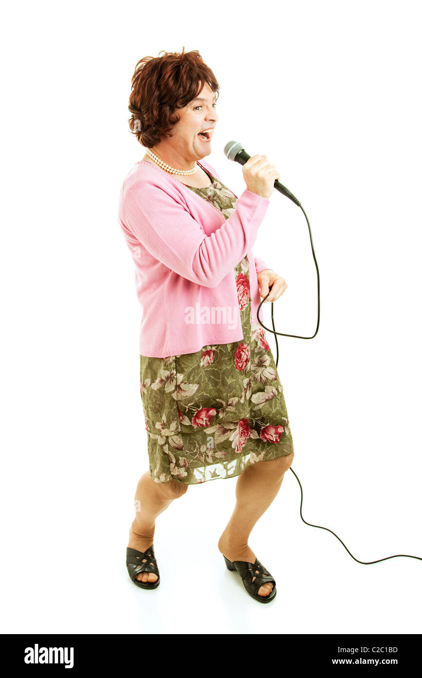 Female impersonator does impression of middle-aged singer. Full body isolated on white.  Stock Photo