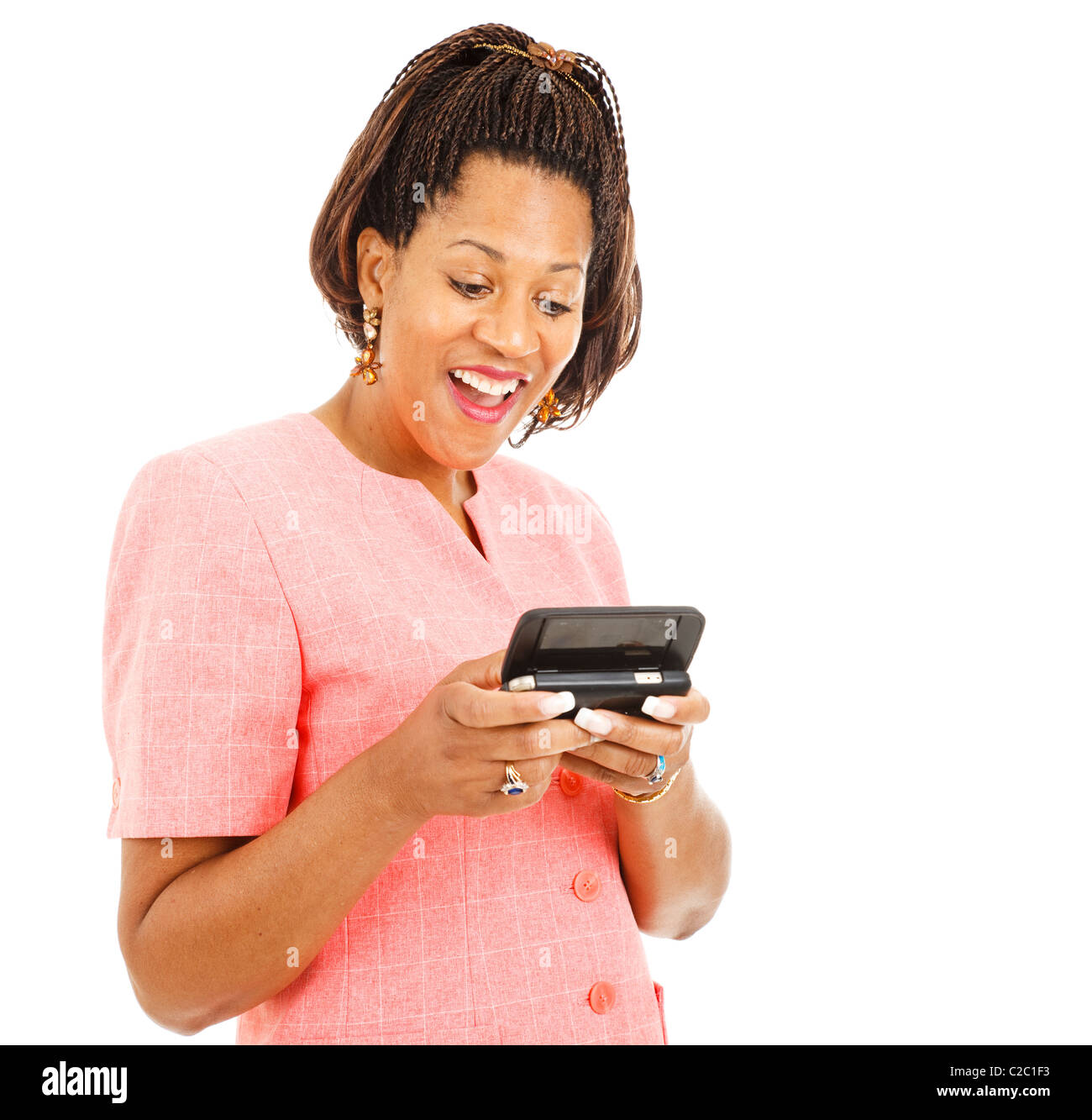 African woman laughing text message hi-res stock photography and images ...