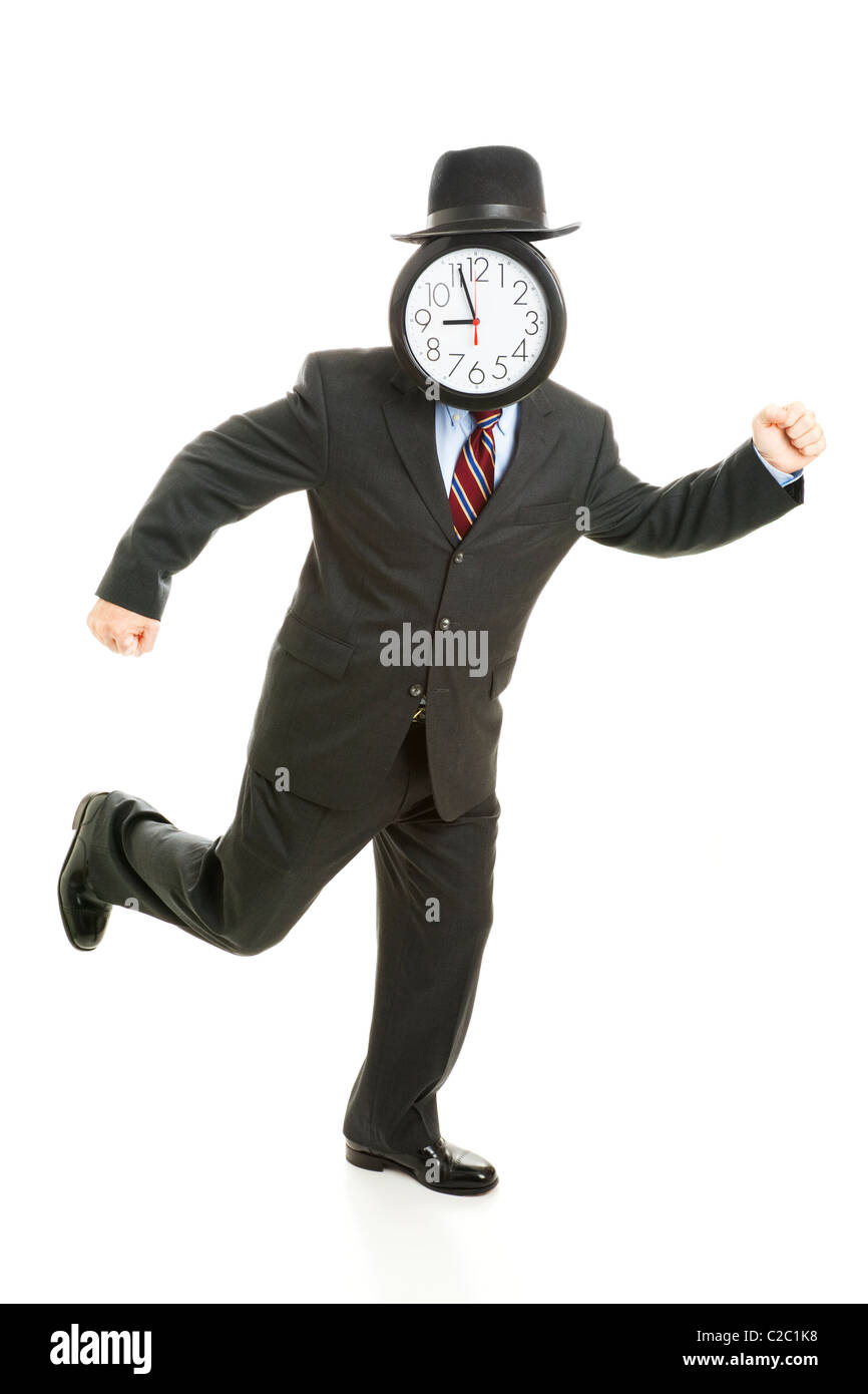 Faceless businessman running late for work. His face is a clock that reads 8:55 am. Full body isolated on white.  Stock Photo
