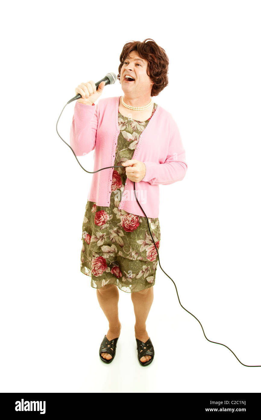 Middle-aged female impersonator singing. Full body isolated on white.  Stock Photo