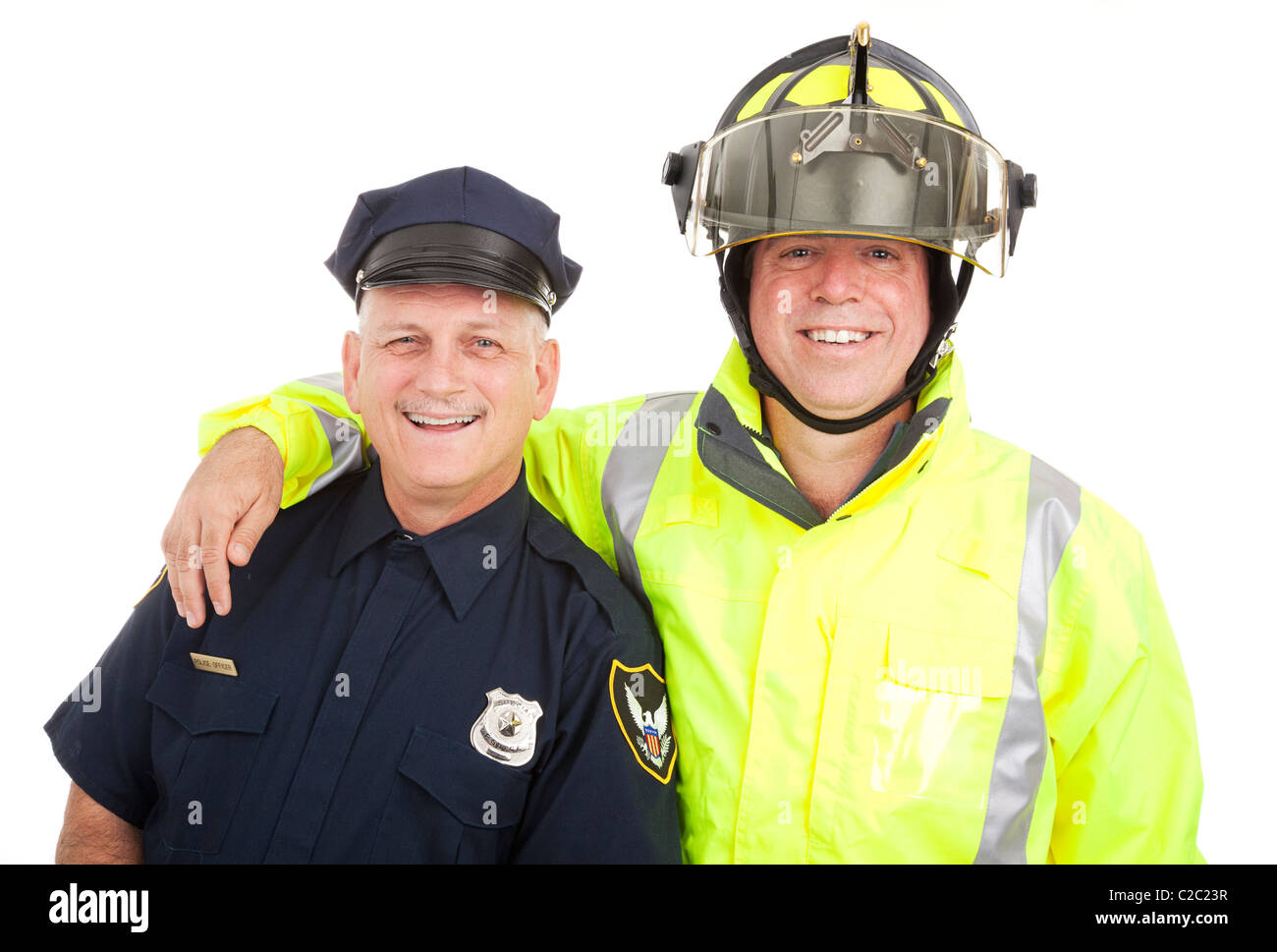 Policeman and firefighter isolated on white background.  Stock Photo