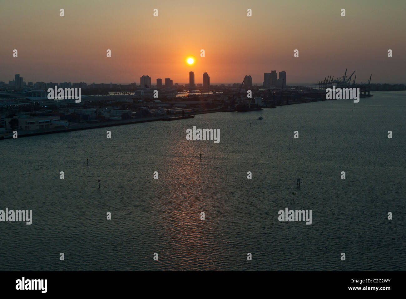 Sunrise in Miami Beach, seen from Downtown Miami. Stock Photo
