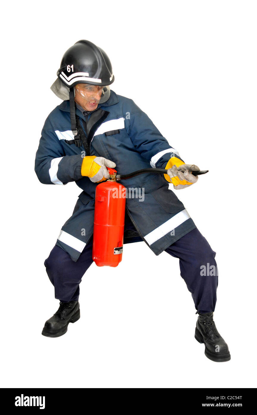 Fireman in uniform isolated in white Stock Photo