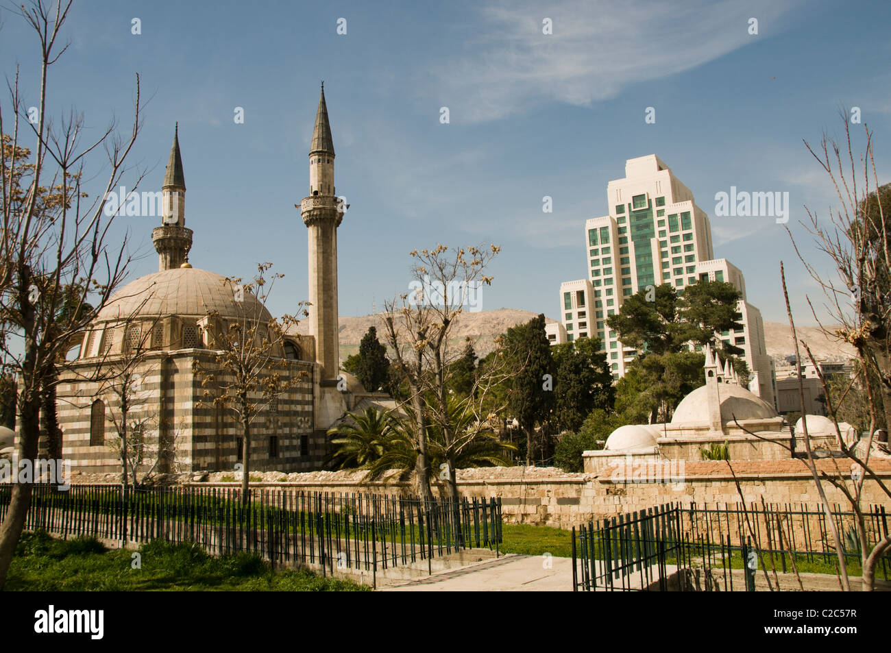 Four Seasons Hotel and Takiyya as Suleimaniyya a turkish style mosque Damascus Town City Syria Syrian Stock Photo