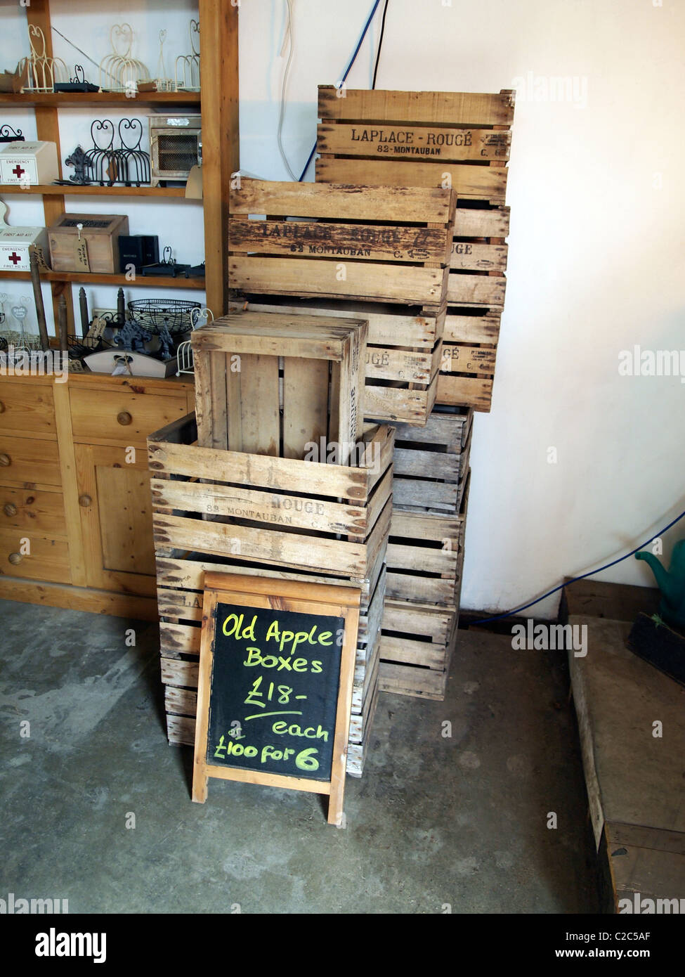 Old apple boxes, a recycled wood product, at the Brighton Woodstore, Circus Street, Brighton