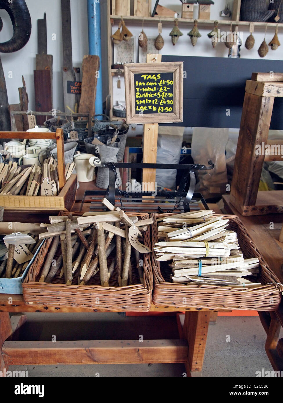 Garden markers, tags or labels made from recycled wood at the Brighton Woodstore, Circus Street, Brighton Stock Photo