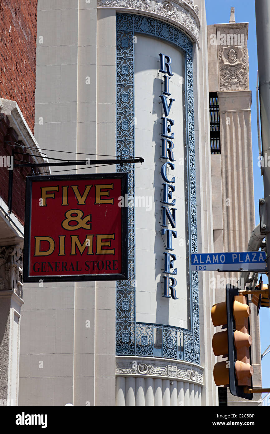 Signs on the Rivercenter and Five and Dime general store San Antonio Texas USA Stock Photo