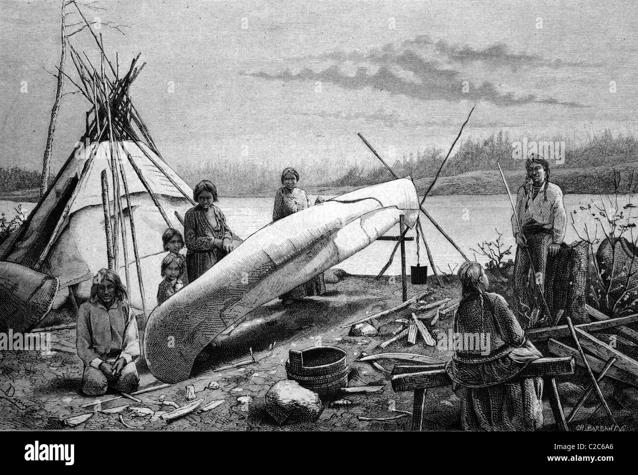 Anishinabe or Chippewa Indians repairing a boat, North America, historical illustration, circa 1886 Stock Photo