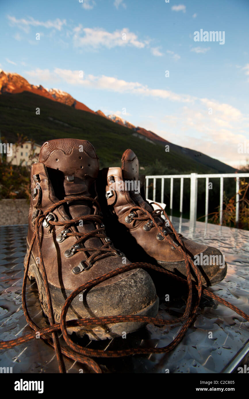 mountain shoes on a table Stock Photo