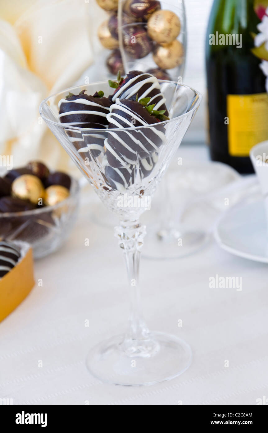Champagne and chocolate covered strawberry Stock Photo