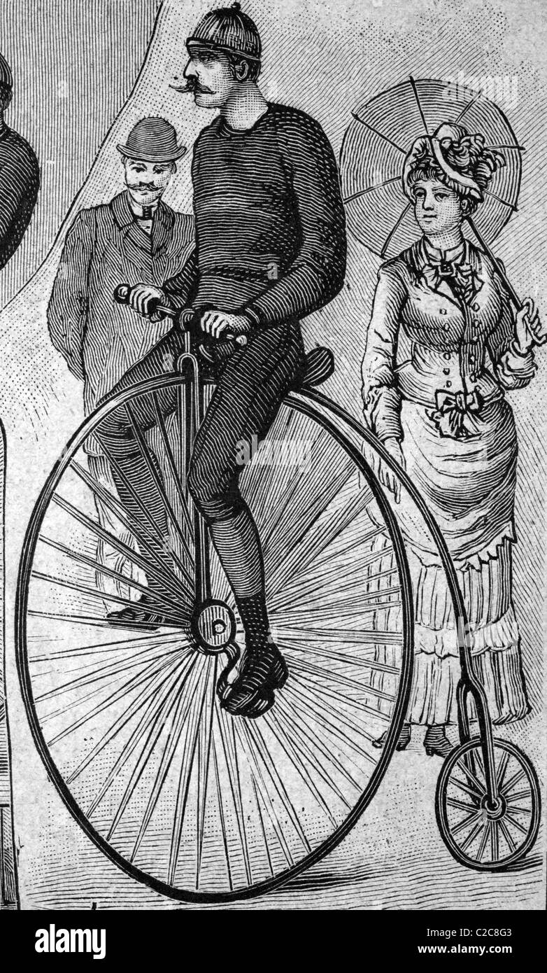 Men riding Penny Farthing bicycles, historical illustration, circa 1886 Stock Photo
