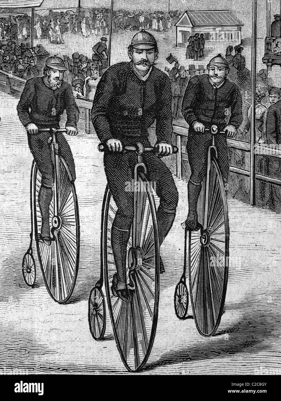 Men Riding Penny Farthing Bicycles Historical Illustration Circa 1886 Men Riding Penny Farthing Bicycles Historical Illustration Circa 1886