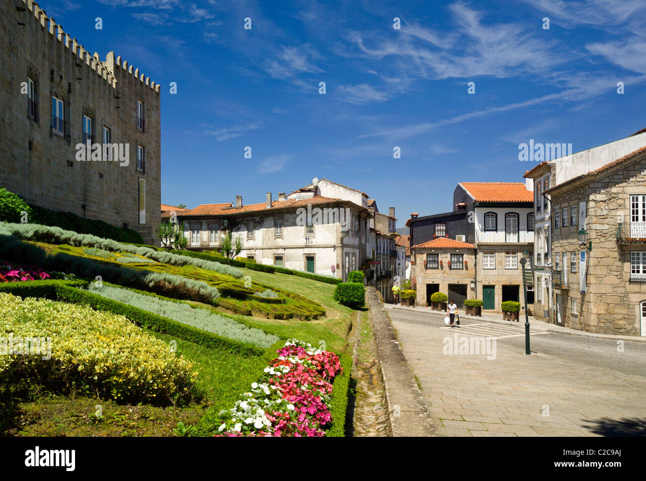 Portugal, the Minho, Ponte de Lima old town centre, gardens and historic stone houses Stock Photo