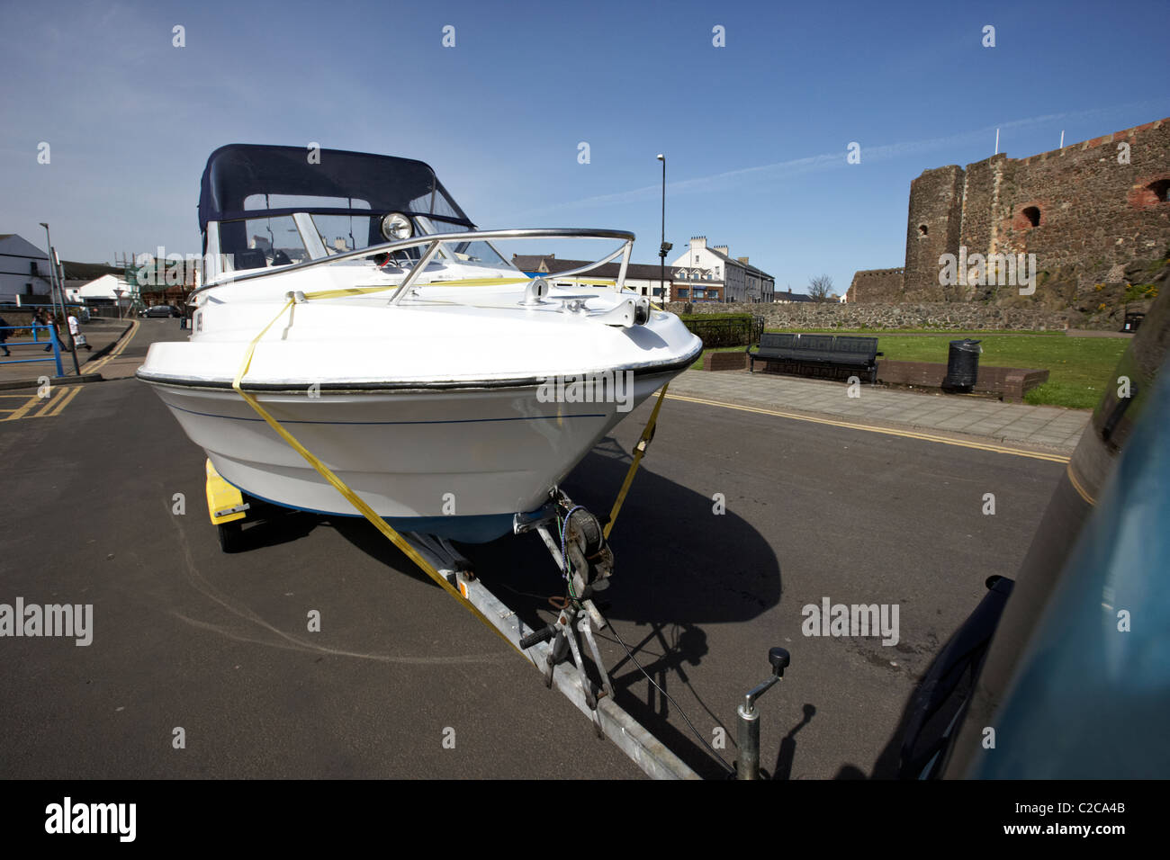 boat on trailer attached to the back of a car getting ready for launch in the uk Stock Photo