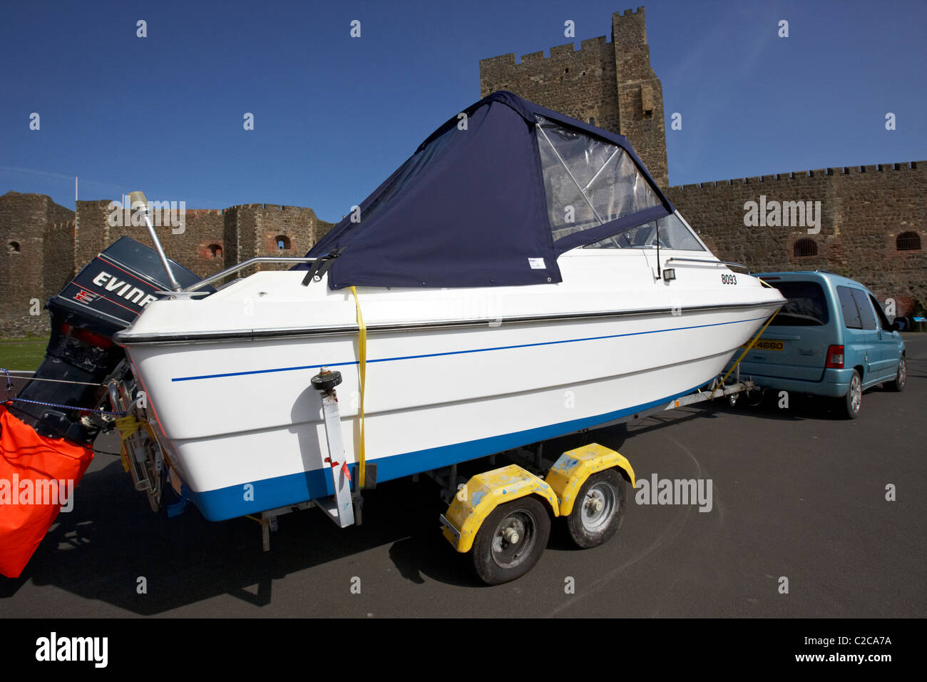 car towing boat on trailer in the uk Stock Photo