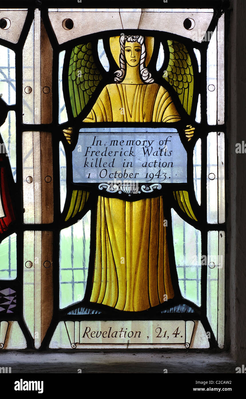 Memorial stained glass, St. Lawrence Church, Sandhurst, Gloucestershire, England, UK Stock Photo