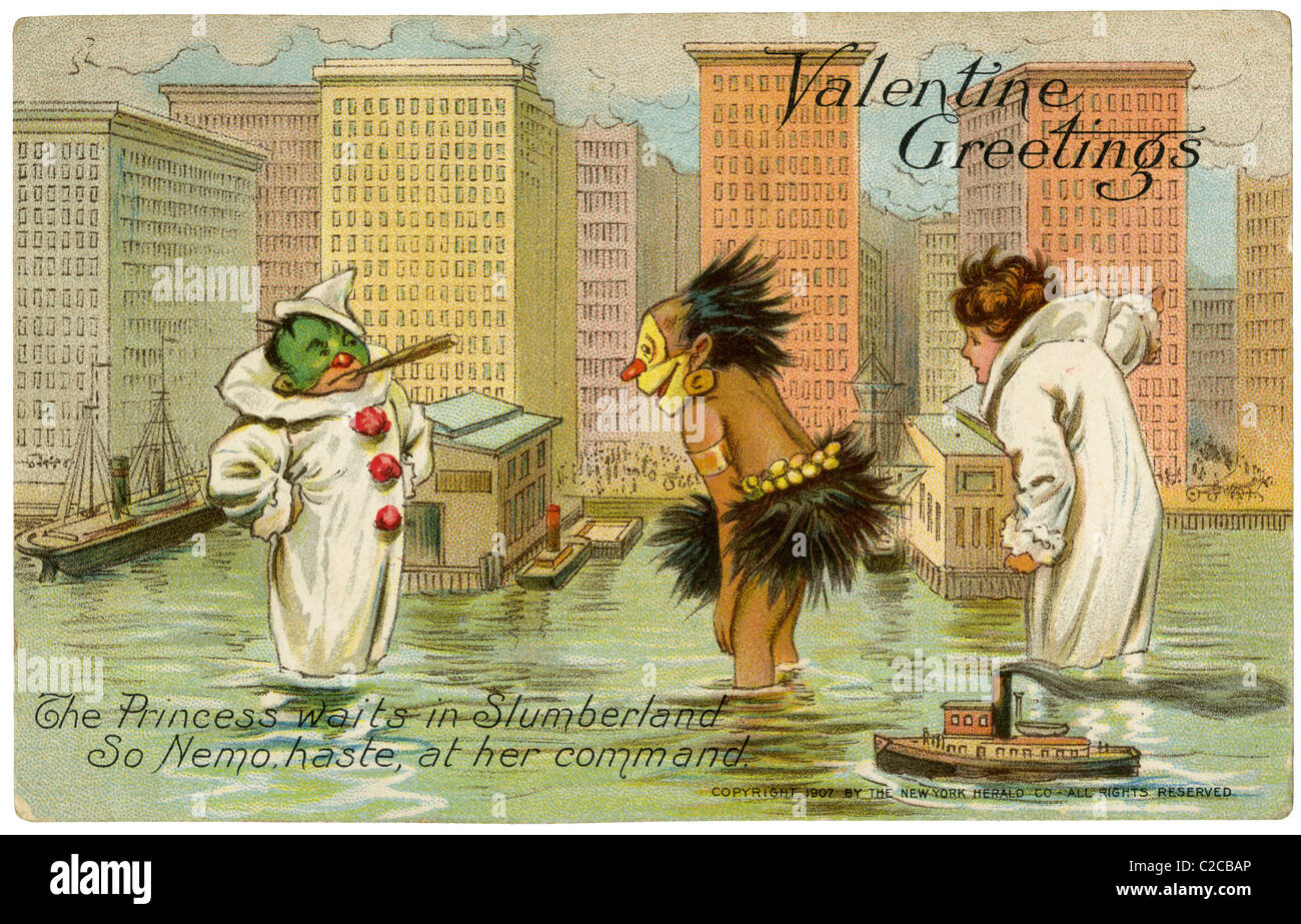 1907 Valentine postcard by Winsor McCay, depicting his Little Nemo in Slumberland characters. Stock Photo