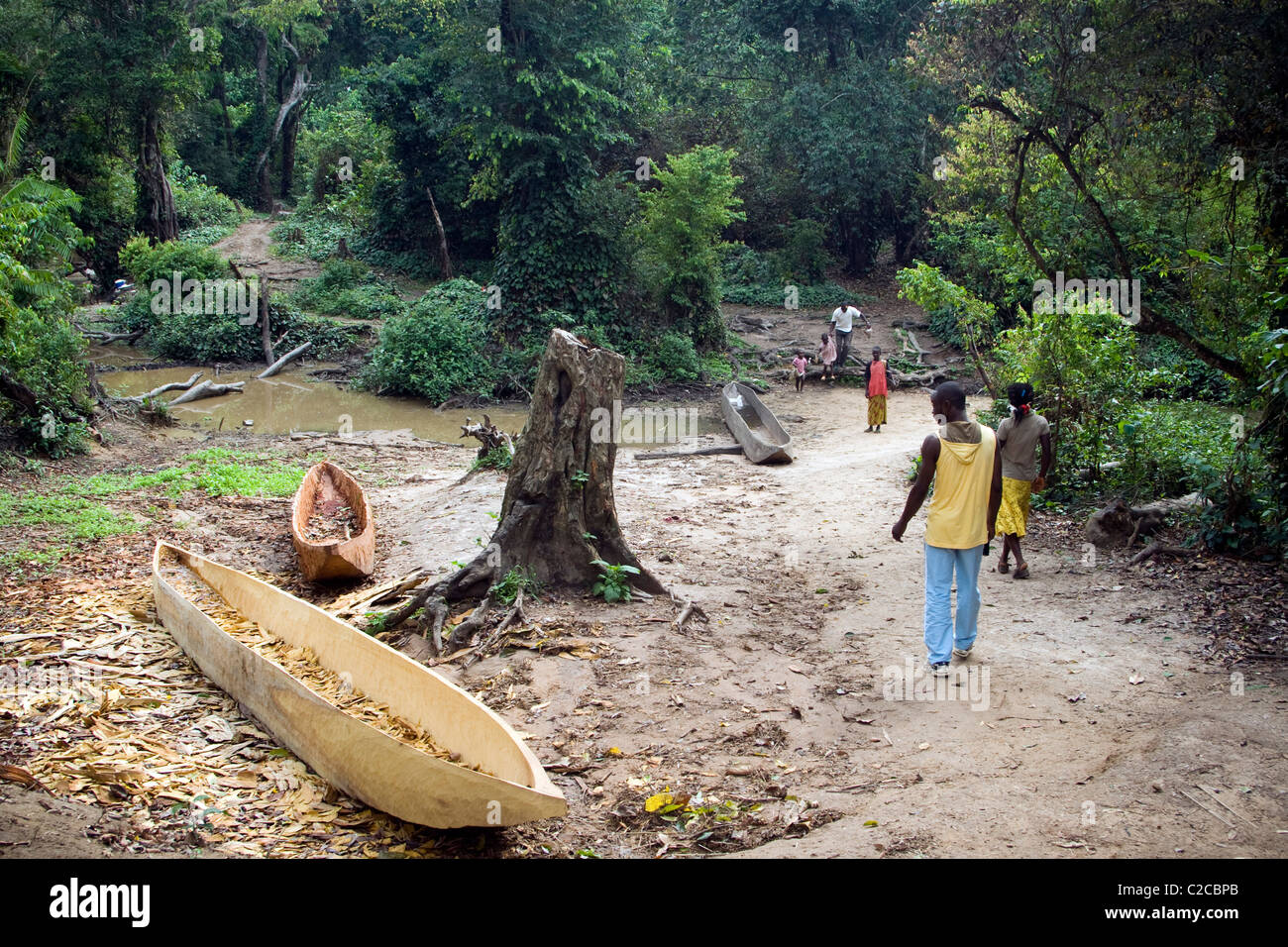 Dugouts canoe in a refugee camp ,Betou ,Ubangi River ,Republic of Congo Stock Photo