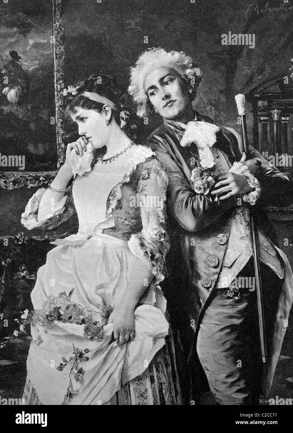 Bashful couple, historical illustration, ca. 1893 Stock Photo