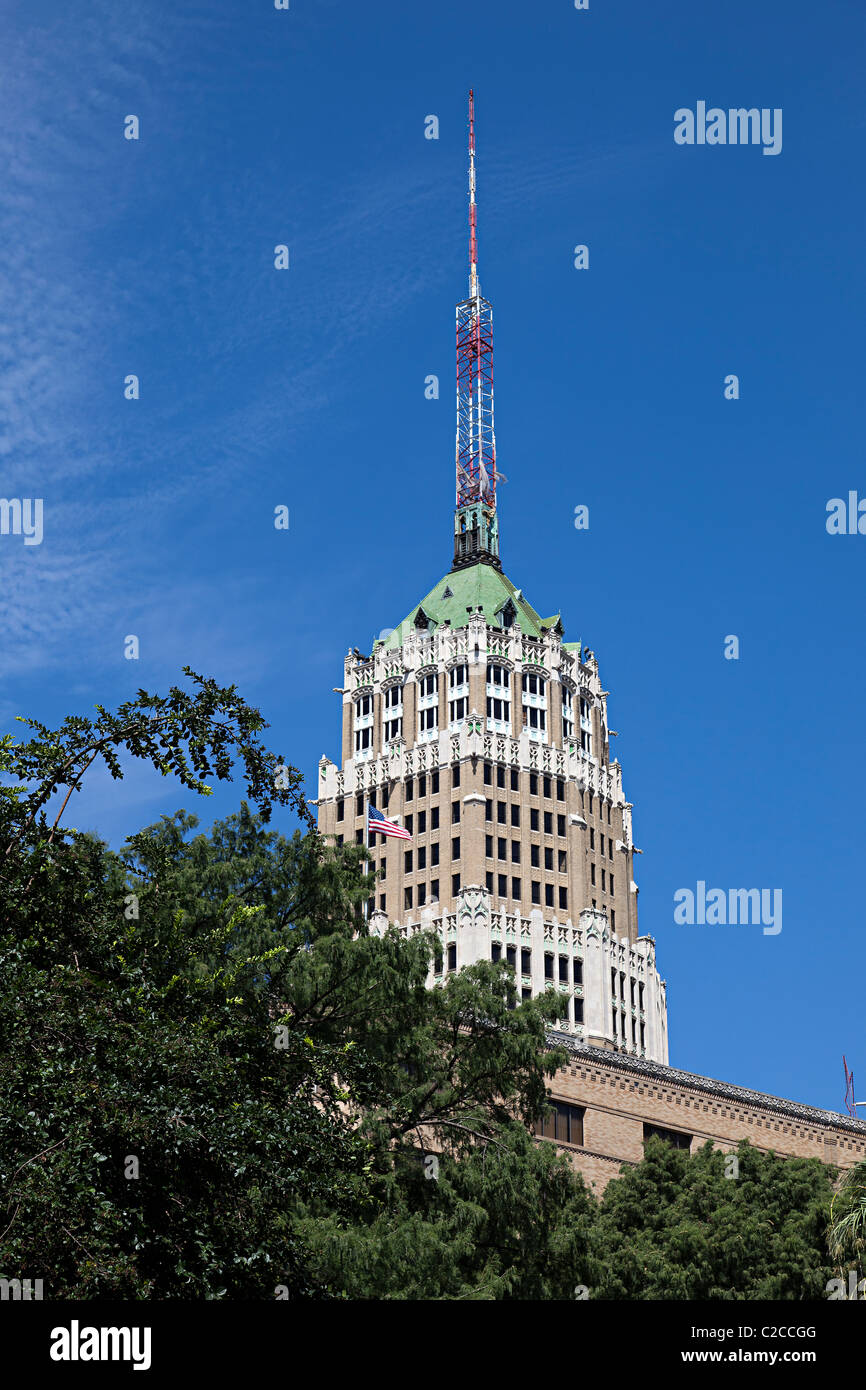 Tower Life Building in neo gothic style  built 1929 with an obsolete television broadcast antenna San Antonio Texas USA Stock Photo