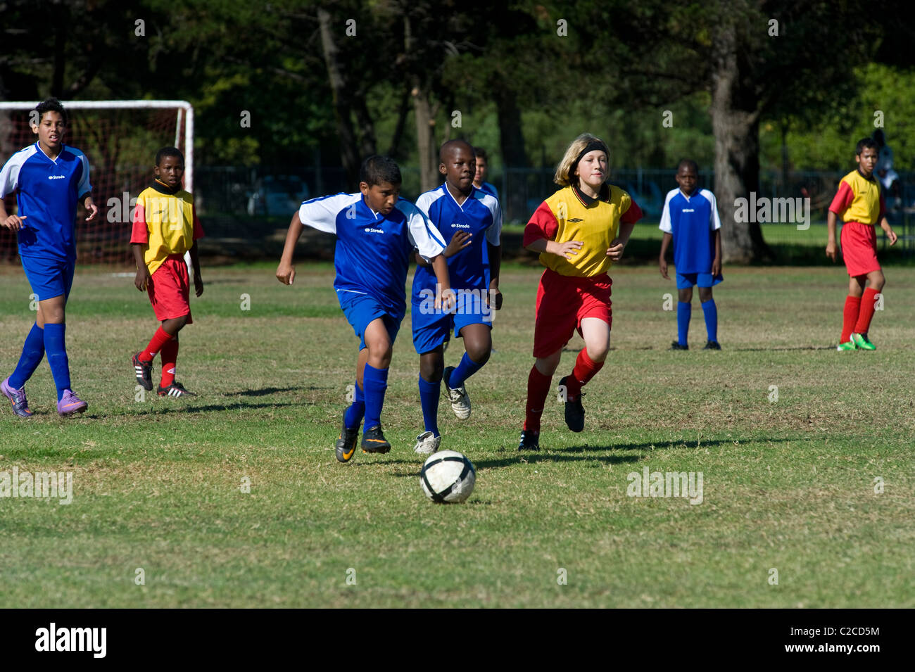 Boys under 13 team play a soccer match, Cape Town, South Africa Stock Photo