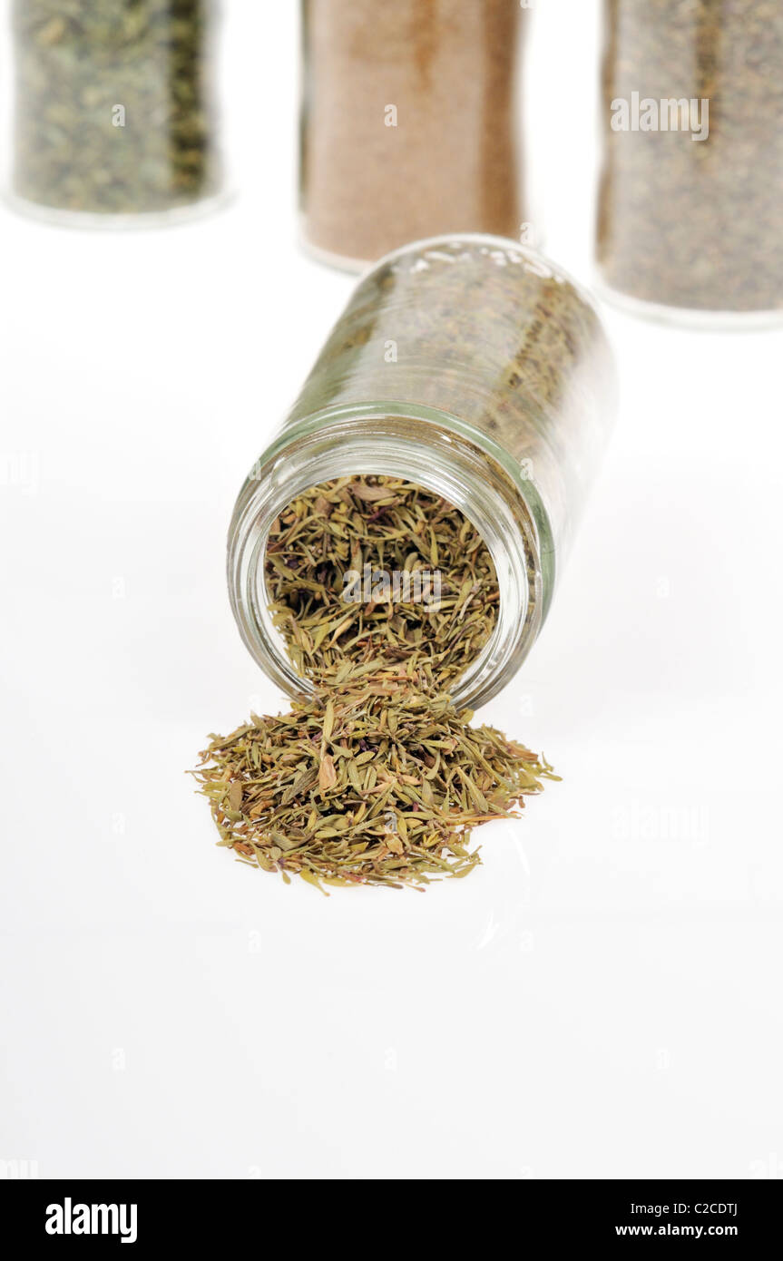 Dried Thyme herb spilled out of bottle on side with other herb bottles