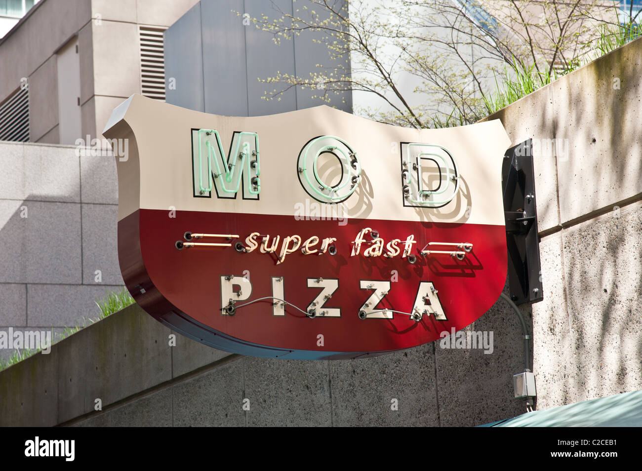 MOD Super Fast Pizza sign in downtown Seattle Stock Photo