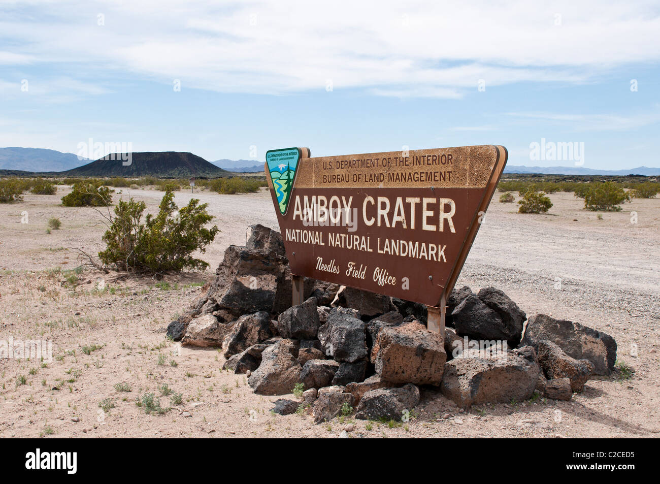 California. Entrance sign for Amboy Crater National Natural Landmark near Barstow. Stock Photo
