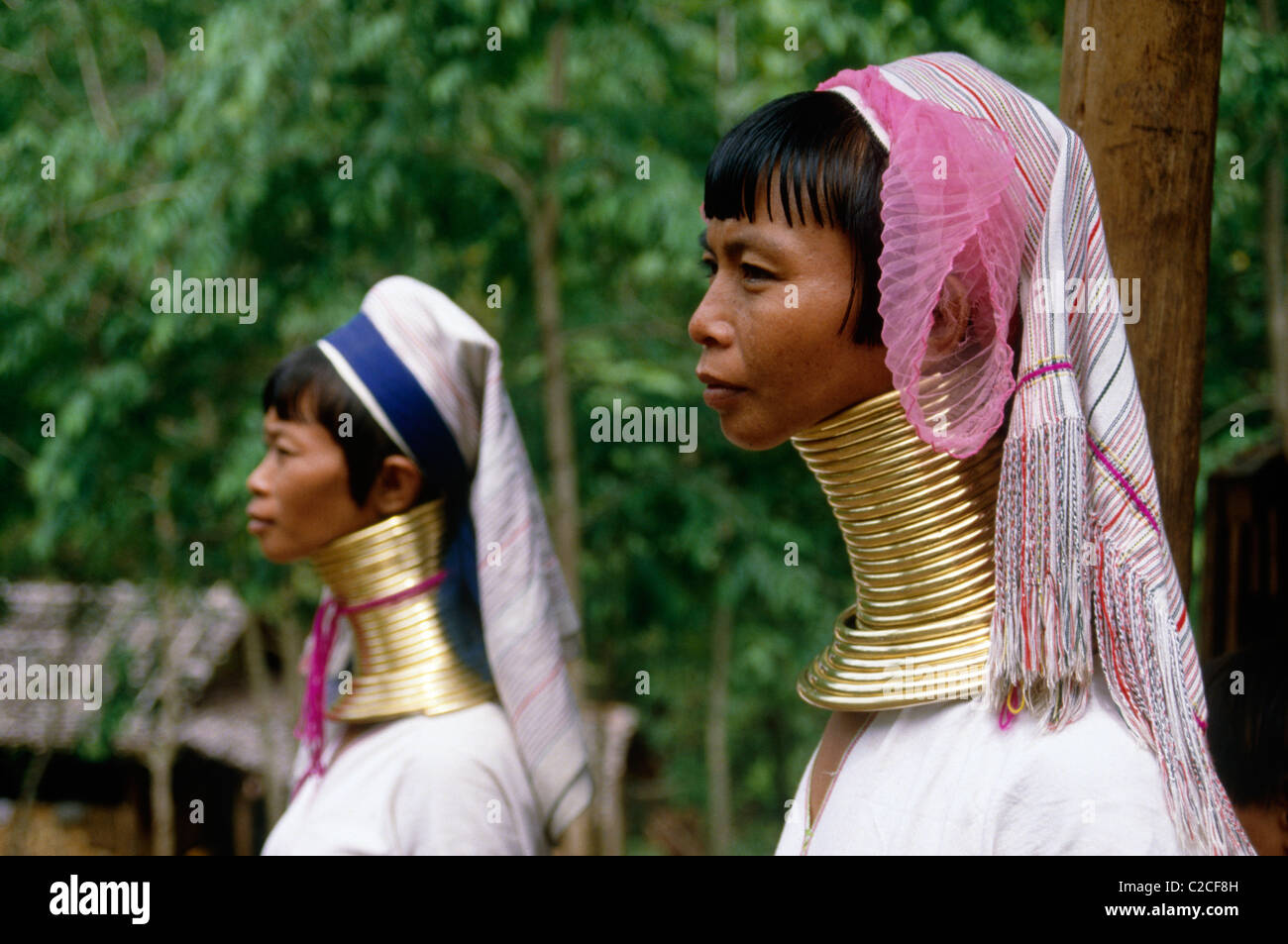 Padong tribe are an ethnic minority in the hills of Thailand. One of their many traditions includes wearing rings around their Stock Photo