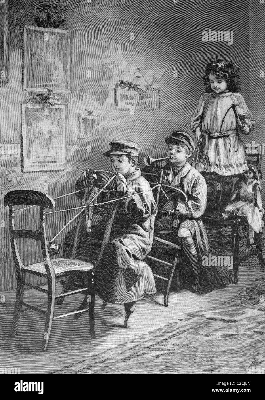 Children playing post chaise, historical picture, about 1893 Stock