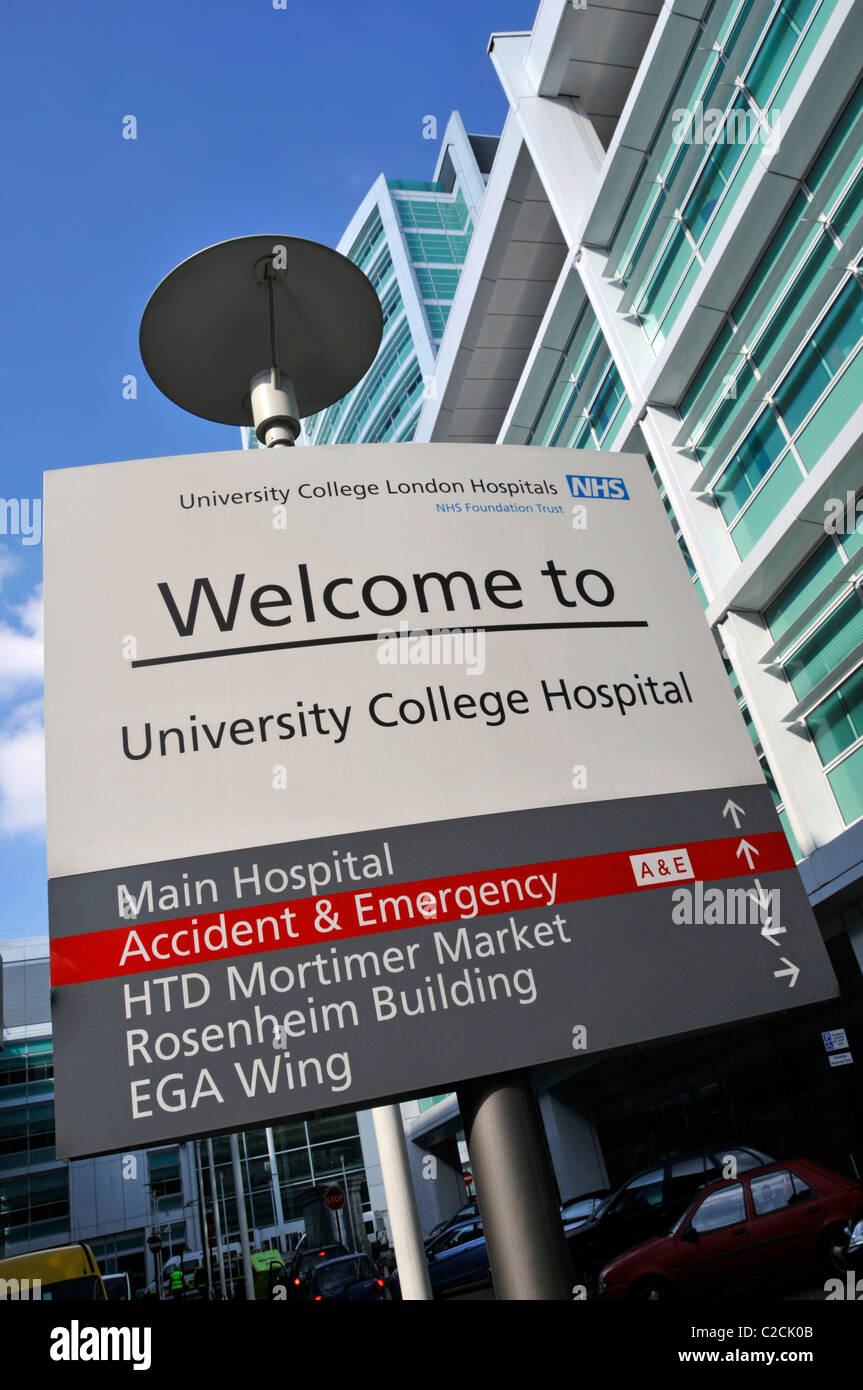 Exterior welcome & direction sign including Accident & Emergency at modern NHS University College Hospital building London England UK Stock Photo